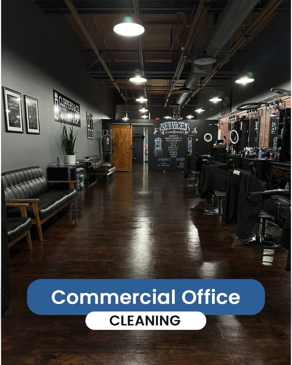Freshly cleaned barbershop storefront floor